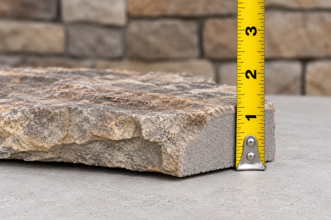 Stone Veneer - Stone Veneer Piece Being Measured to Show Thickness - Mountain View Stone