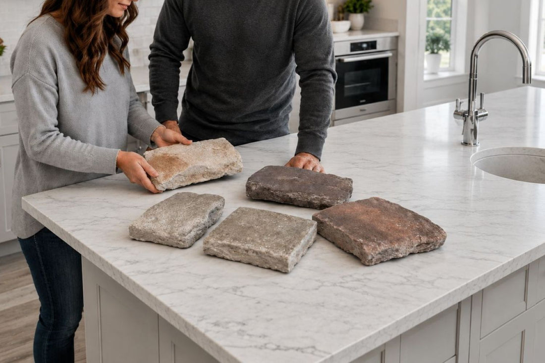 Stone Veneer - Homeowners Reviewing Stone Veneer Samples - Mountain View Stone