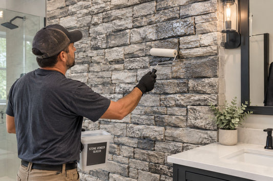 Stone Veneer - Professional Installer Sealing an Interior Bathroom  Wall After a Stone Veneer Installation - Mountain View Stone