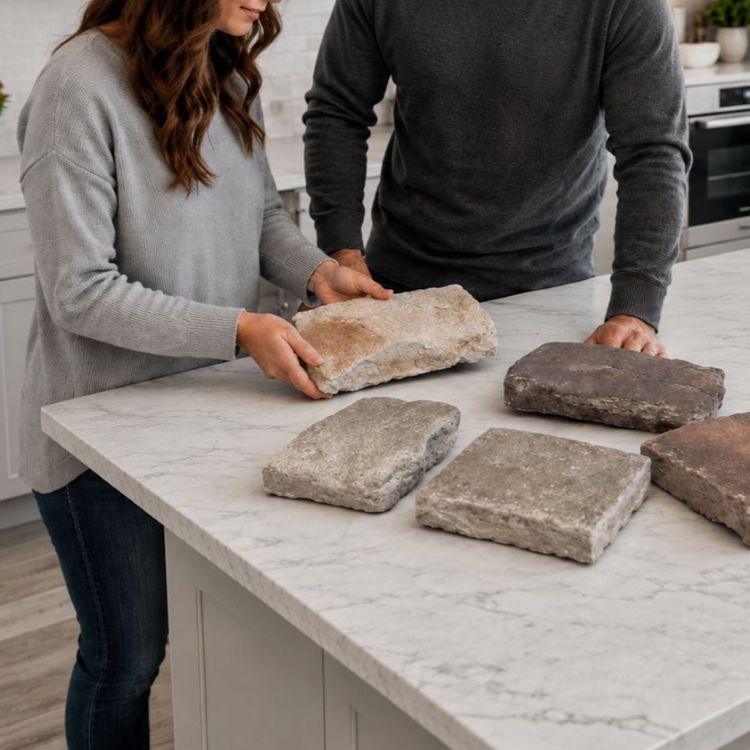 Stone Veneer - Homeowners Reviewing Stone Veneer Samples - Mountain View Stone