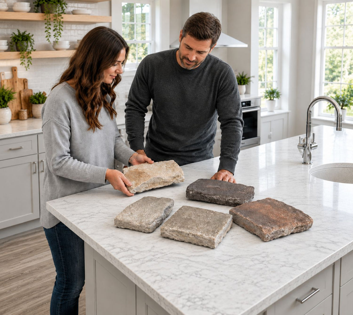 Stone Veneer - Homeowners Reviewing Stone Veneer Samples - Mountain View Stone